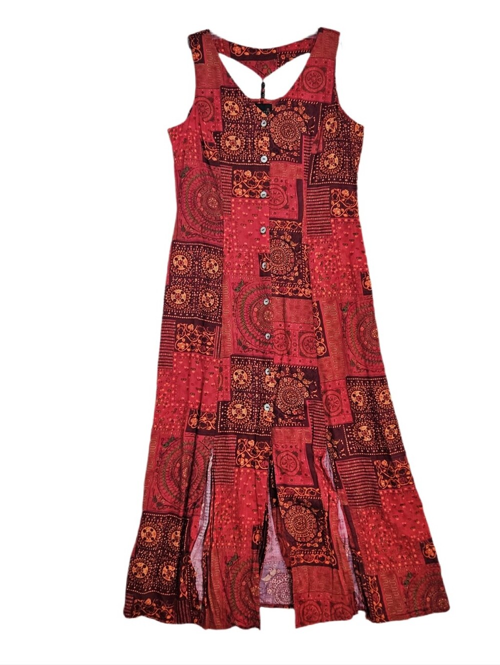 Vintage Patchwork Maxi Dress Button Up Beaded Festival Womens 12 Sleeveless Boho